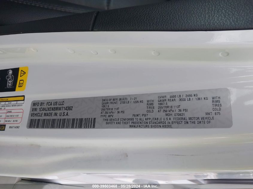 2021 Jeep Wrangler Unlimited Sahara Altitude 4X4 VIN: 1C4HJXEN8MW714362 Lot: 39503468