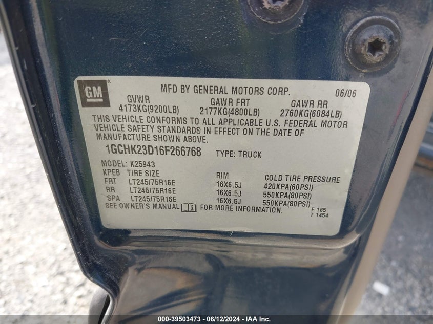 2006 Chevrolet Silverado 2500Hd Lt2 VIN: 1GCHK23D16F266768 Lot: 39503473