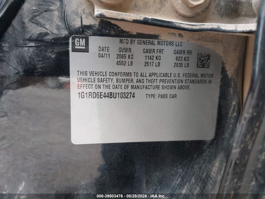 2011 Chevrolet Volt VIN: 1G1RD6E44BU103274 Lot: 39503476
