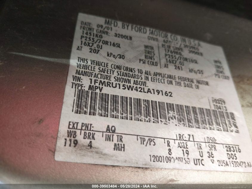 2002 Ford Expedition Xlt VIN: 1FMRU15W42LA19162 Lot: 39503484