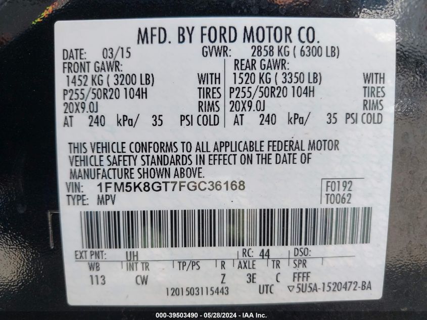 2015 Ford Explorer Sport VIN: 1FM5K8GT7FGC36168 Lot: 39503490