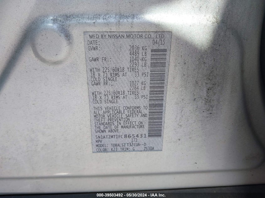 2015 Nissan Rogue Sl VIN: 5N1AT2MT1FC865431 Lot: 39503492