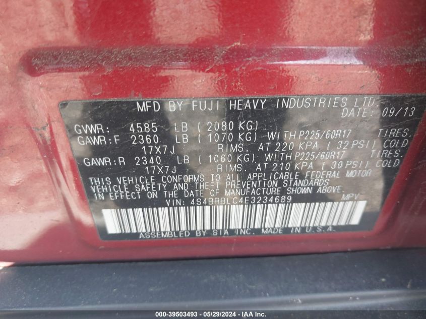 2014 Subaru Outback 2.5I Limited VIN: 4S4BRBLC4E3234689 Lot: 39503493