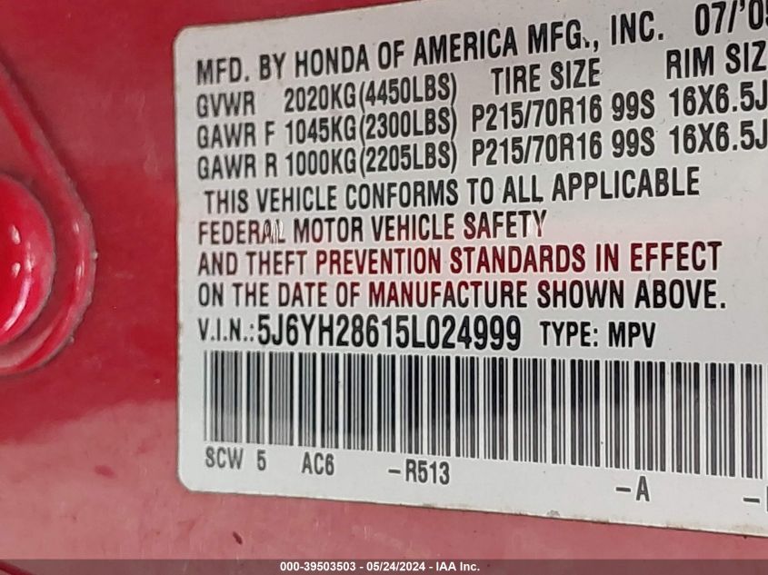 2005 Honda Element Ex VIN: 5J6YH28615L024999 Lot: 39503503