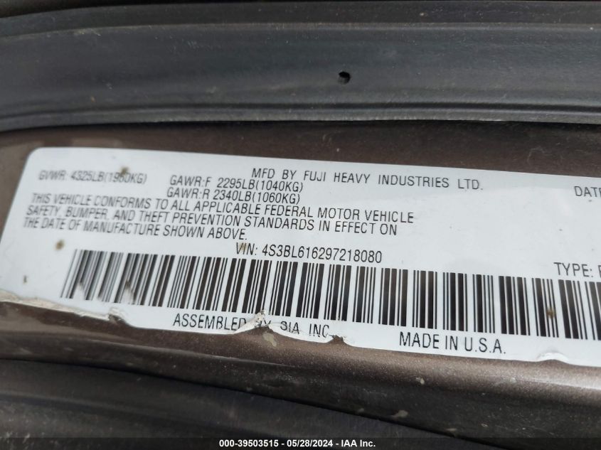 2009 Subaru Legacy 2.5I VIN: 4S3BL616297218080 Lot: 39503515