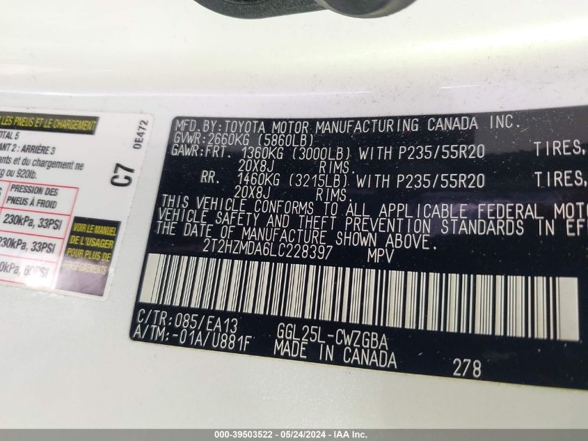 2020 Lexus Rx 350 VIN: 2T2HZMDA6LC228397 Lot: 39503522