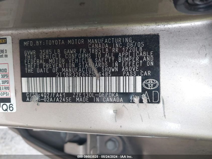 2005 Toyota Corolla Ce VIN: 2T1BR32E65C506485 Lot: 39503525