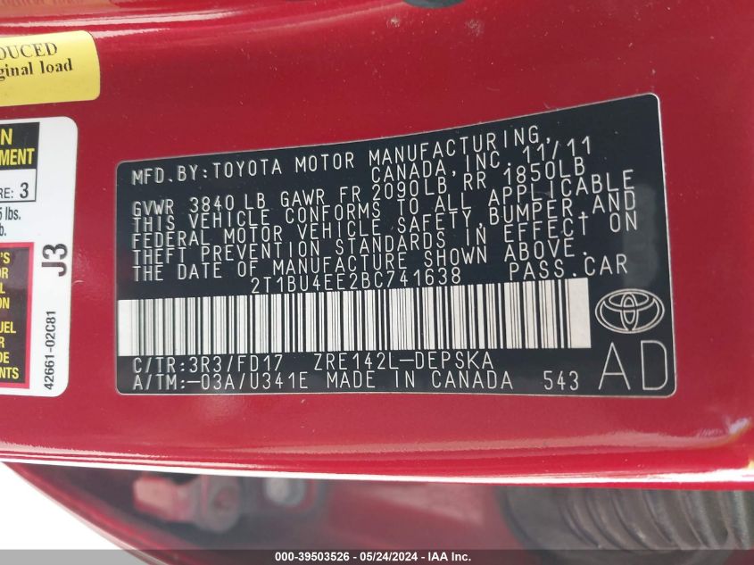 2011 Toyota Corolla S VIN: 2T1BU4EE2BC741638 Lot: 39503526