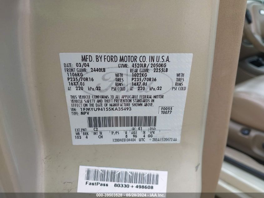 2005 Ford Escape Limited VIN: 1FMYU94155KA35493 Lot: 39503528