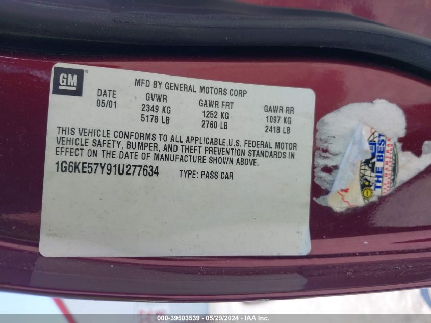 2001 Cadillac Deville Dhs VIN: 1G6KE57Y91U277634 Lot: 39503539