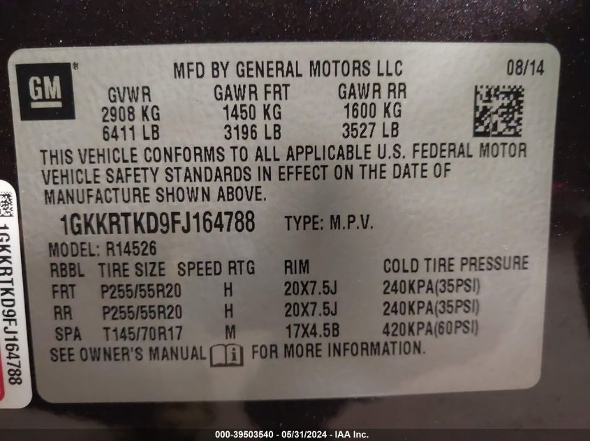 1GKKRTKD9FJ164788 2015 GMC Acadia Denali