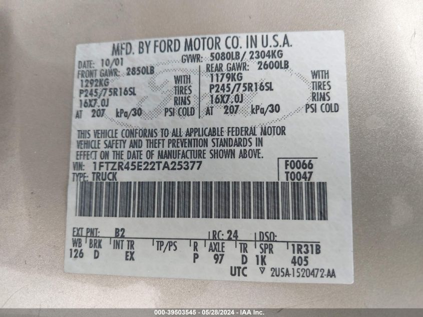 2002 Ford Ranger Edge/Xlt VIN: 1FTZR45E22TA25377 Lot: 39503545