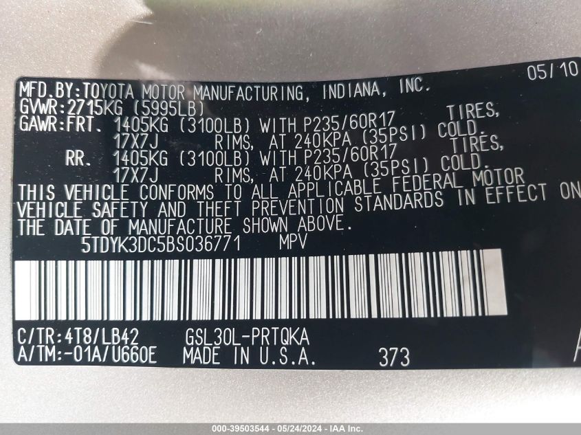 2011 Toyota Sienna Xle V6 VIN: 5TDYK3DC5BS036771 Lot: 39503544