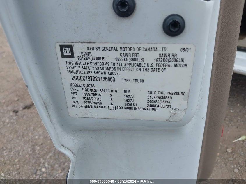 2002 Chevrolet Silverado 1500 Lt VIN: 2GCEC19T021136863 Lot: 39503546