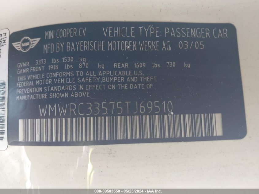2005 Mini Cooper VIN: WMWRC33575TJ69510 Lot: 39503550