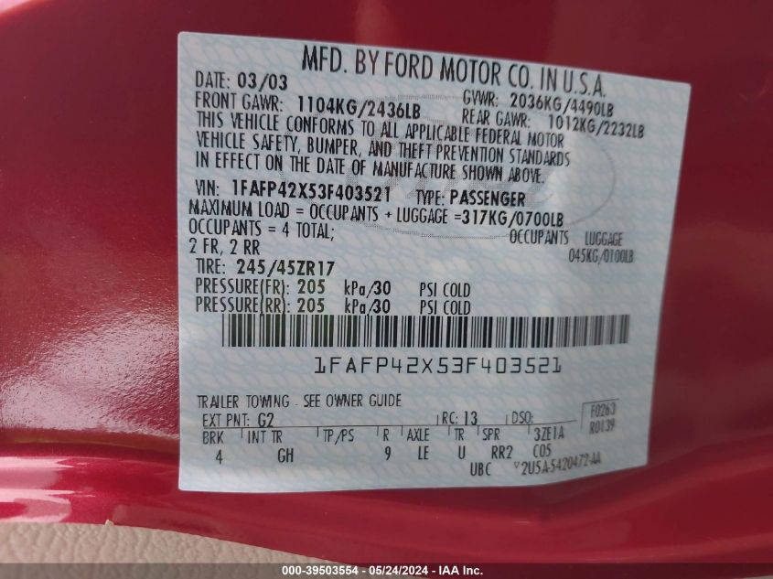 2003 Ford Mustang Gt VIN: 1FAFP42X53F403521 Lot: 39503554
