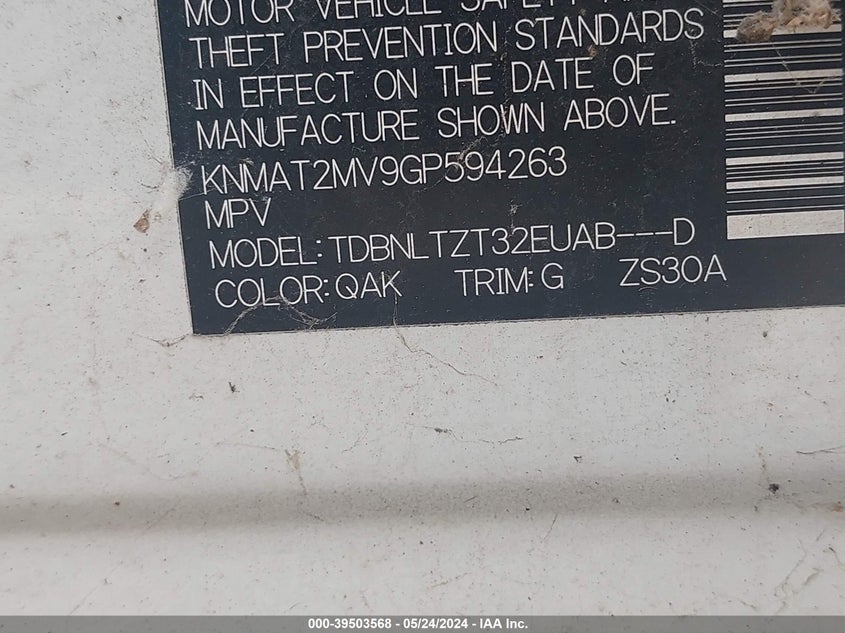 2016 Nissan Rogue Sv VIN: KNMAT2MV9GP594263 Lot: 39503568