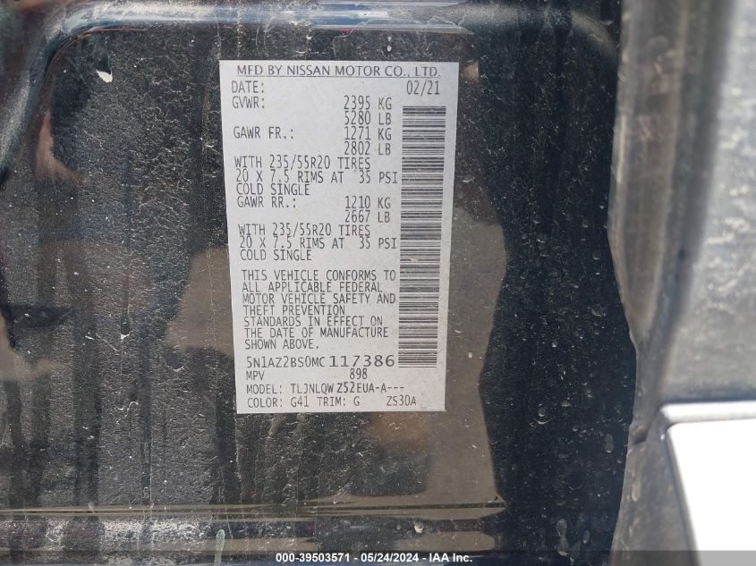 2021 Nissan Murano Sv Intelligent Awd VIN: 5N1AZ2BS0MC117386 Lot: 39503571