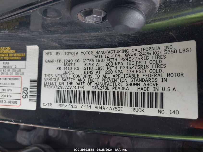 2007 Toyota Tacoma Dbl Cab Prerunner Lng Bed VIN: 5TEKU72N37Z374076 Lot: 39503585