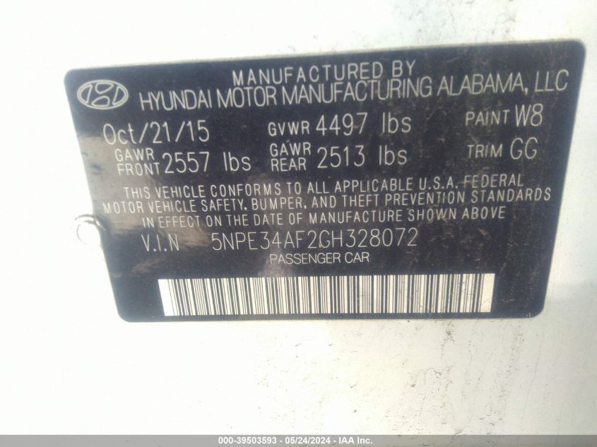 5NPE34AF2GH328072 2016 Hyundai Sonata Limited