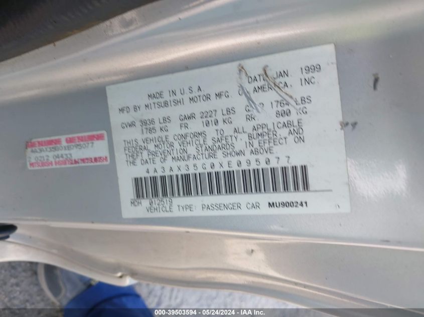 1999 Mitsubishi Eclipse Spyder Gs VIN: 4A3AX35G0XE095077 Lot: 39503594