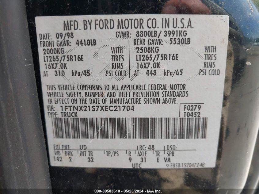 1999 Ford F-250 Lariat/Xl/Xlt VIN: 1FTNX21S7XEC21704 Lot: 39503610