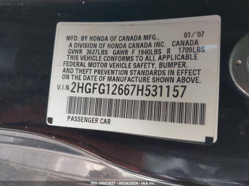 2007 Honda Civic Lx VIN: 2HGFG12667H531157 Lot: 39503627