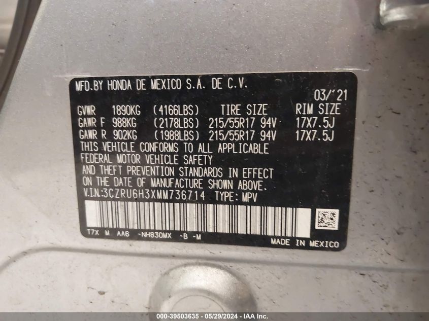 2021 Honda Hr-V Awd Lx VIN: 3CZRU6H3XMM736714 Lot: 39503635