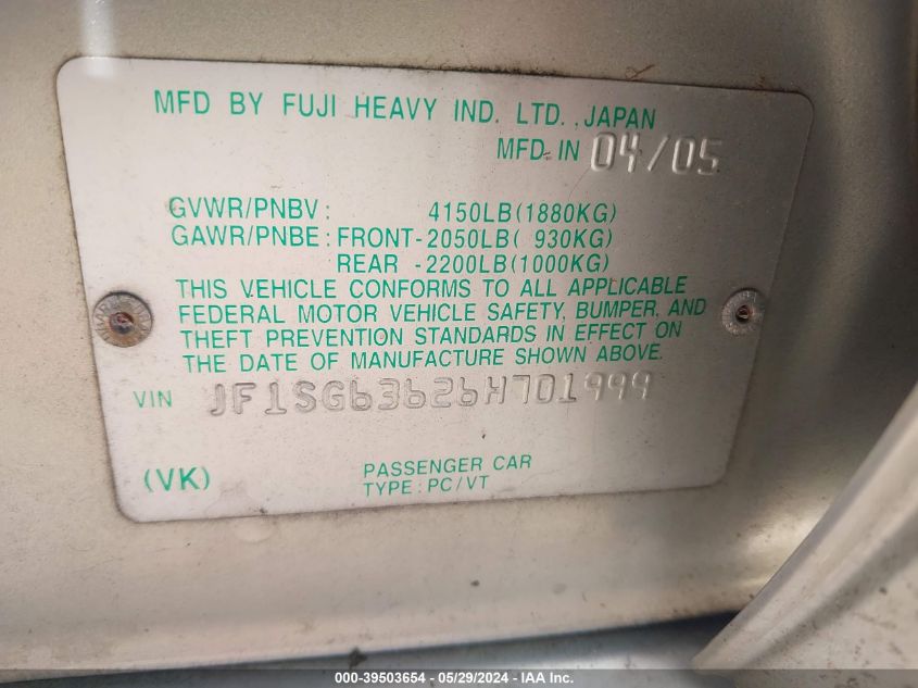 2006 Subaru Forester 2.5X VIN: JF1SG63626H701999 Lot: 39503654