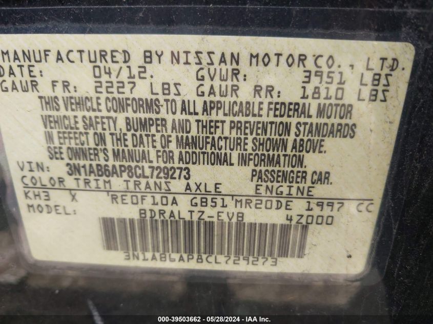 3N1AB6AP8CL729273 2012 Nissan Sentra 2.0 Sr