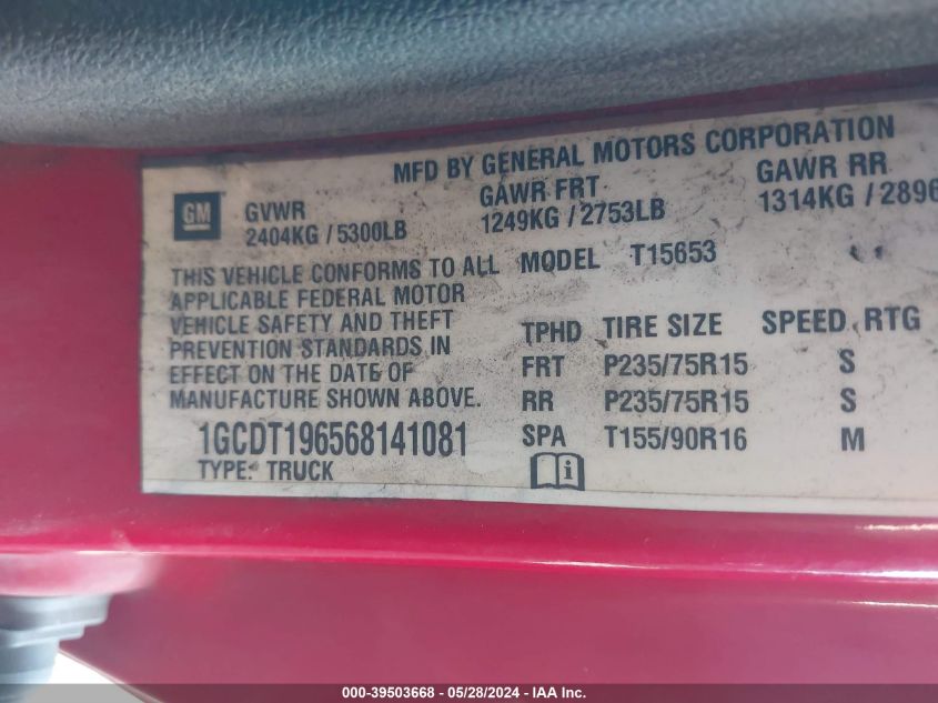 2006 Chevrolet Colorado Lt VIN: 1GCDT196568141081 Lot: 39503668