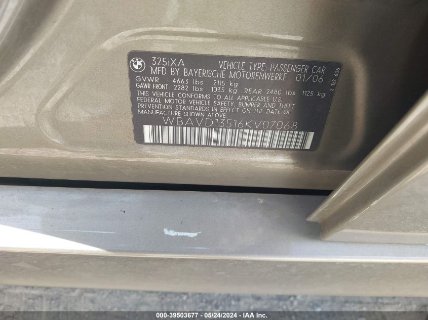 2006 BMW 325Xi VIN: WBAVD13516KV07068 Lot: 39503677