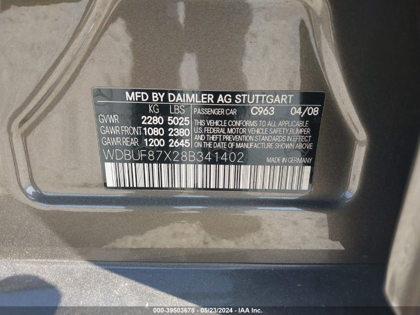 2008 Mercedes-Benz E 350 4Matic VIN: WDBUF87X28B341402 Lot: 39503678