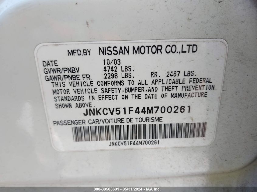 2004 Infiniti G35X VIN: JNKCV51F44M700261 Lot: 39503691