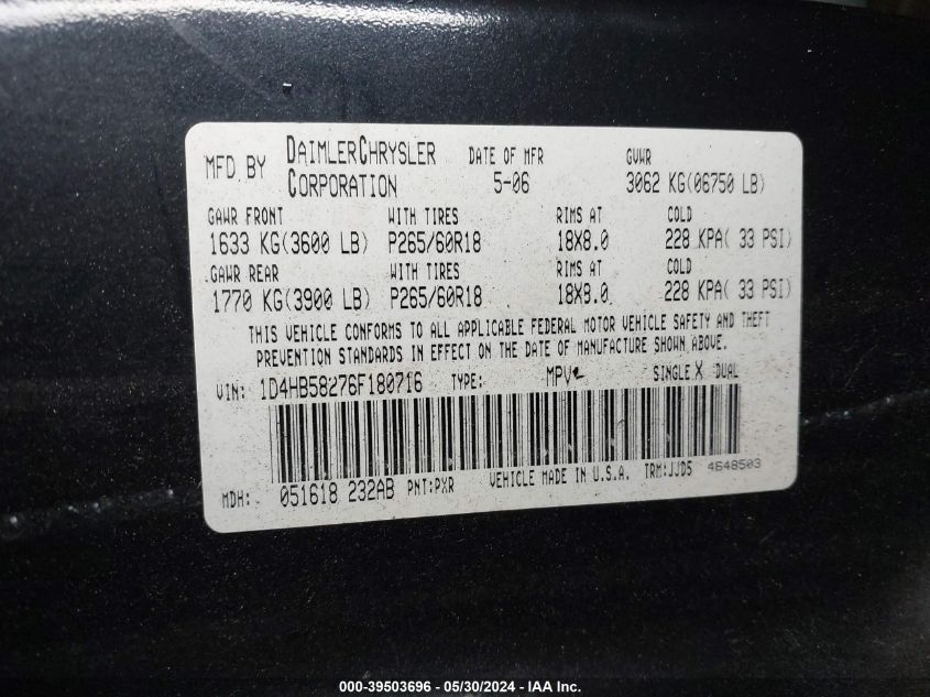 2006 Dodge Durango Limited VIN: 1D4HB58276F180716 Lot: 39503696