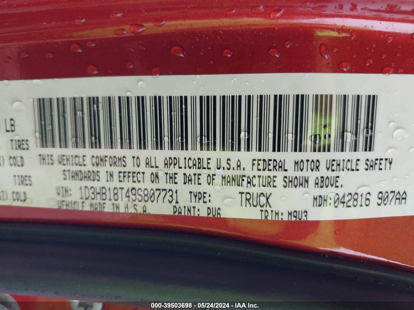 2009 Dodge Ram 1500 Slt/Sport/Trx VIN: 1D3HB18T49S807731 Lot: 39503698