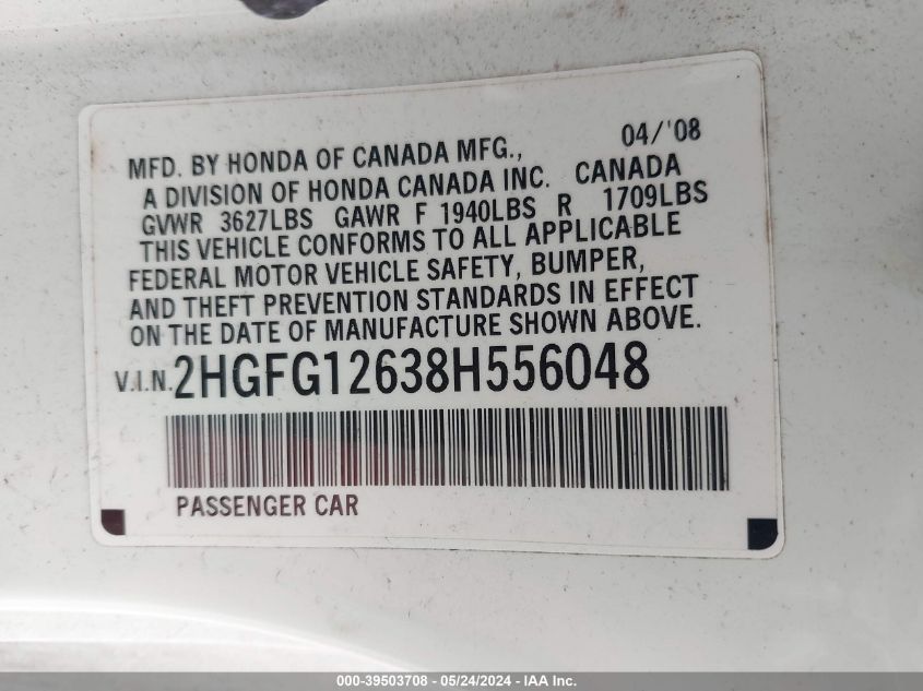 2008 Honda Civic Lx VIN: 2HGFG12638H556048 Lot: 39503708