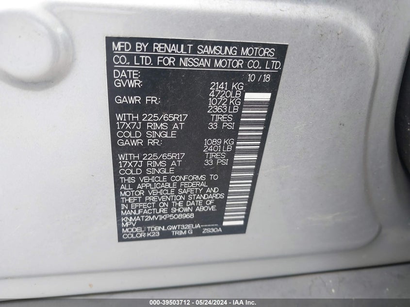 2019 Nissan Rogue Sv VIN: KNMAT2MV1KP508968 Lot: 39503712