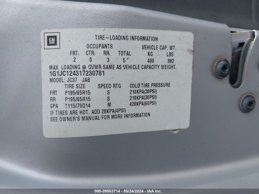 2001 Chevrolet Cavalier VIN: 1G1JC124317230781 Lot: 39503714