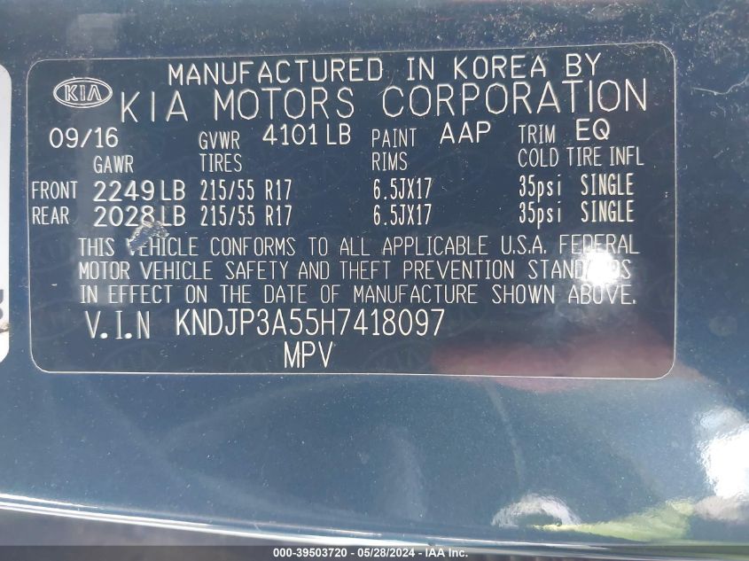 2017 Kia Soul + VIN: KNDJP3A55H7418097 Lot: 39503720