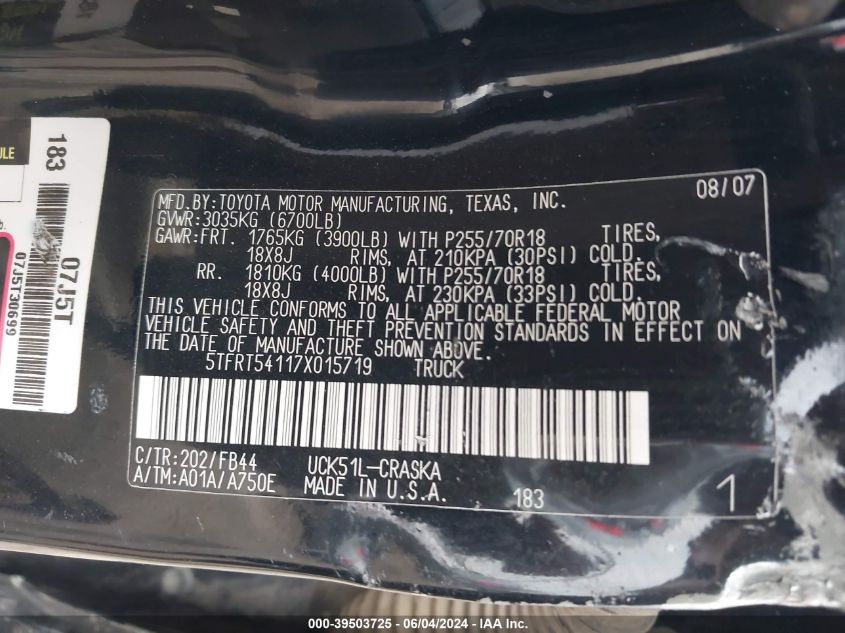 2007 Toyota Tundra Sr5 4.7L V8 VIN: 5TFRT54117X015719 Lot: 39503725