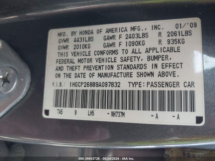 2009 Honda Accord 2.4 Ex-L VIN: 1HGCP26889A097832 Lot: 39503726