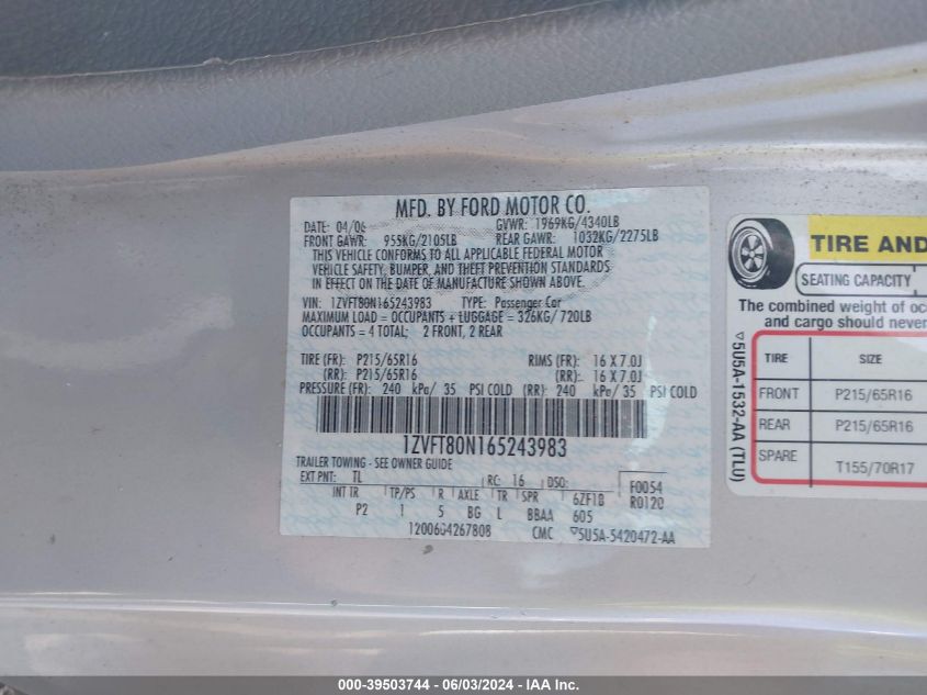 2006 Ford Mustang V6 VIN: 1ZVFT80N165243983 Lot: 39503744