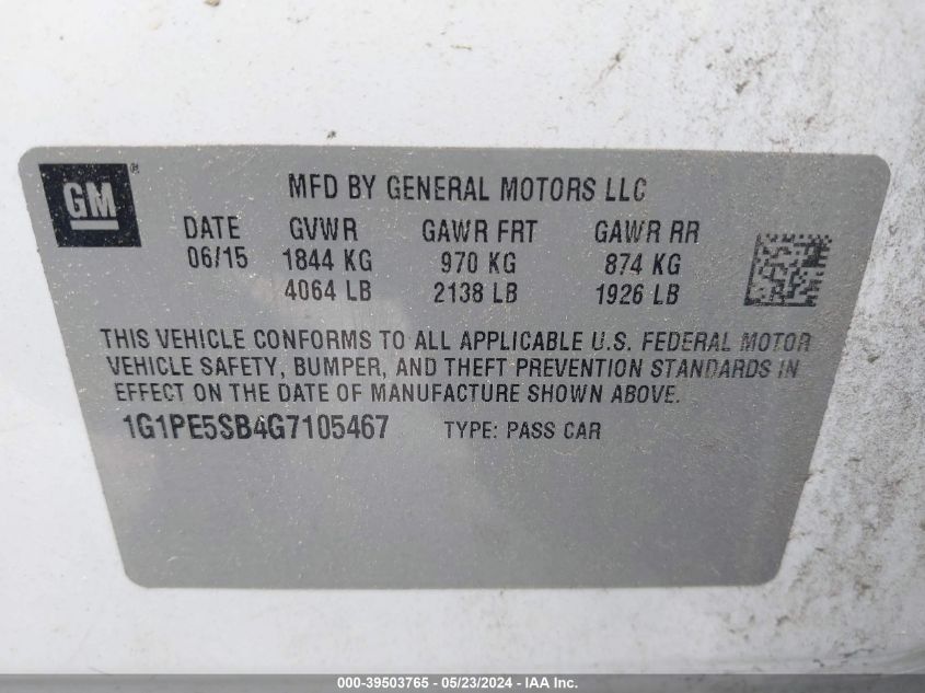 2016 Chevrolet Cruze Limited 1Lt Auto VIN: 1G1PE5SB4G7105467 Lot: 39503765