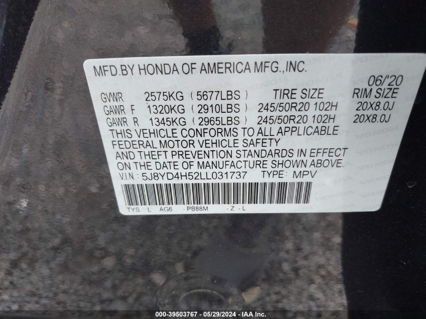 2020 Acura Mdx Technology Package VIN: 5J8YD4H52LL031737 Lot: 39503767