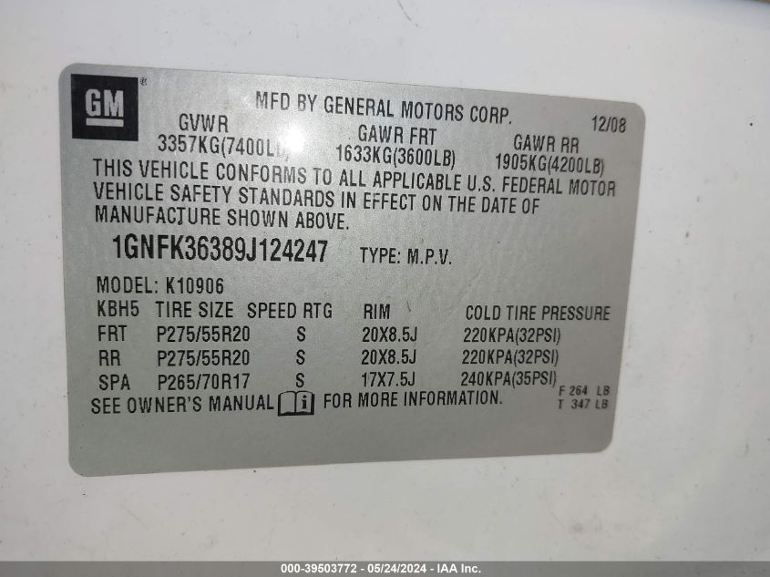 2009 Chevrolet Suburban 1500 Ltz VIN: 1GNFK36389J124247 Lot: 39503772