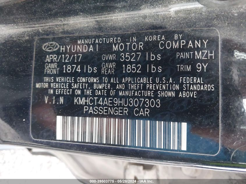 2017 Hyundai Accent Se VIN: KMHCT4AE9HU307303 Lot: 39503775