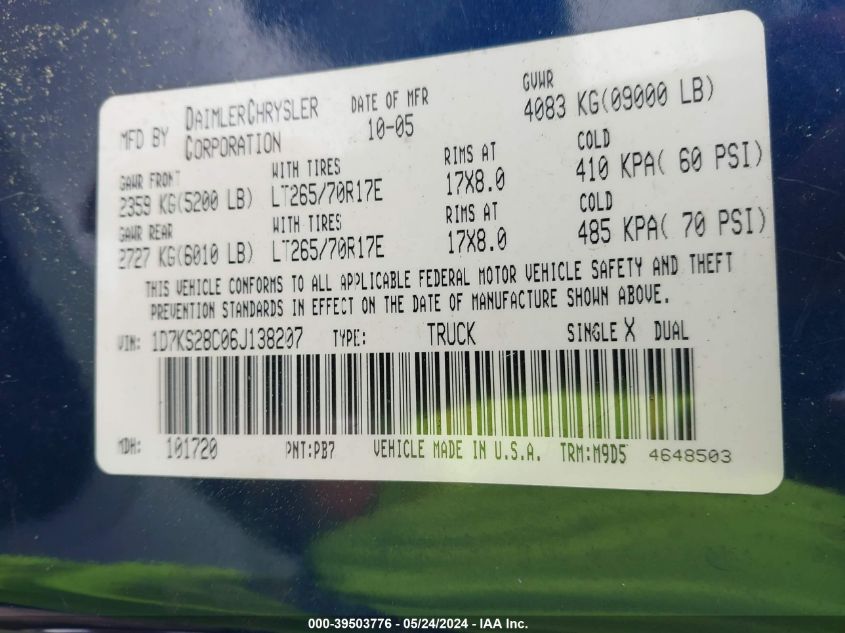 2006 Dodge Ram 2500 Slt/Sport VIN: 1D7KS28C06J138207 Lot: 39503776