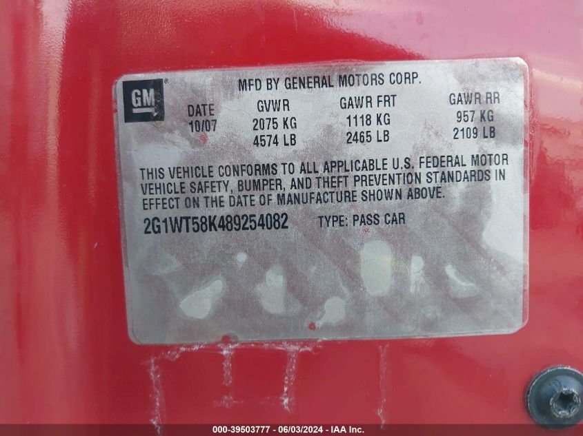 2008 Chevrolet Impala Lt VIN: 2G1WT58K489254082 Lot: 39503777