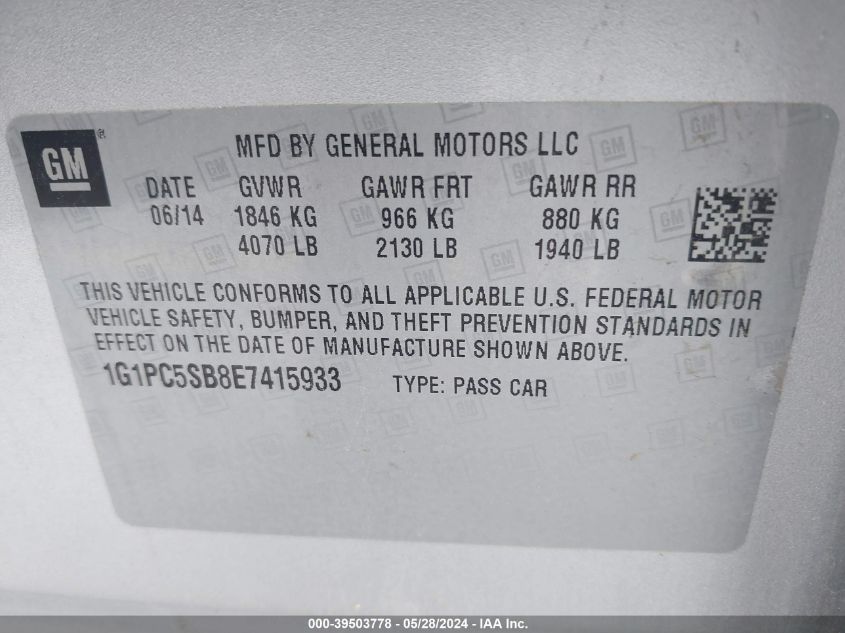 2014 Chevrolet Cruze 1Lt Auto VIN: 1G1PC5SB8E7415933 Lot: 39503778